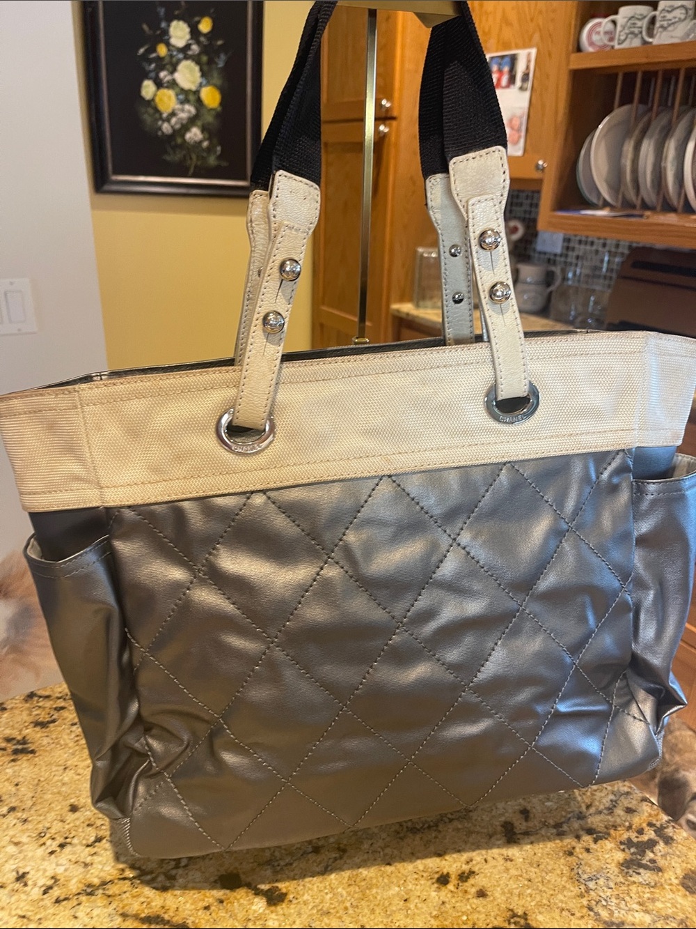 CHANEL Quilted Leather and Canvas Tote - dark gray and Cream
